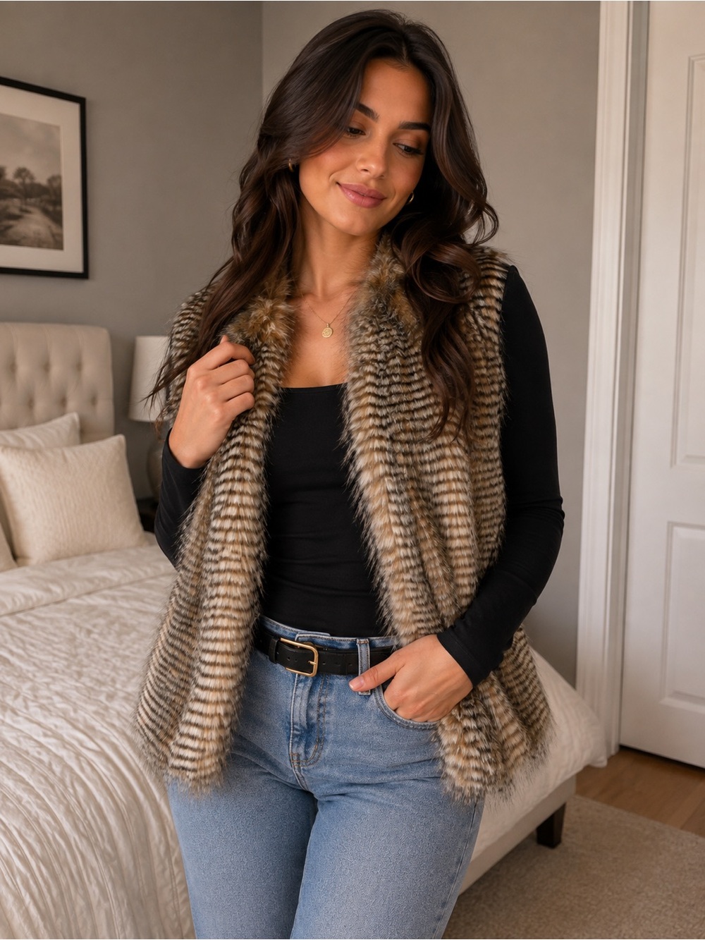BCBGMaxAzria Striped Faux Fur Vest in Brown and Cream
